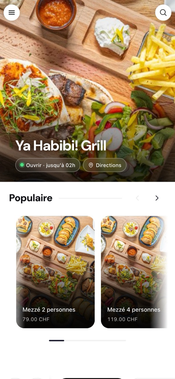 Page de commande d'un restaurant sur Aaatable : menu, plats populaires et prix en CHF